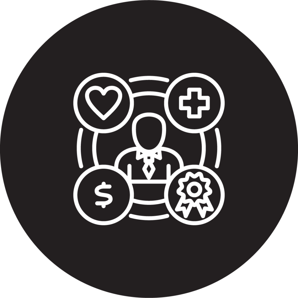 black circle with an icon of a person surrounded by a health, award, money and heart icon.