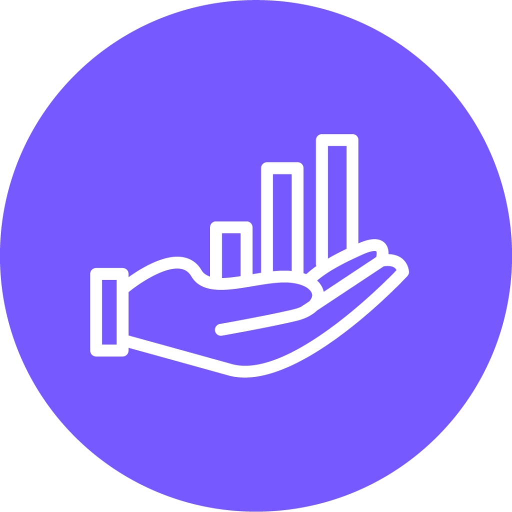 A purple circle with an icon of a hand holding a growth chart.